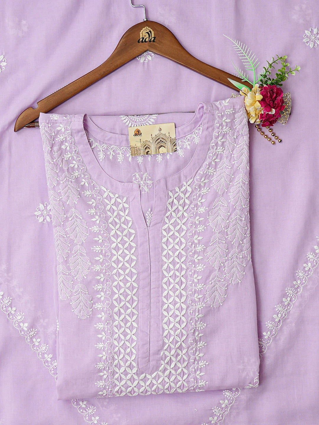 Ada Hand Embroidered Lavender Cotton Lucknowi Chikankari Semi-Stitched Kurta Dupatta Set 01A791339