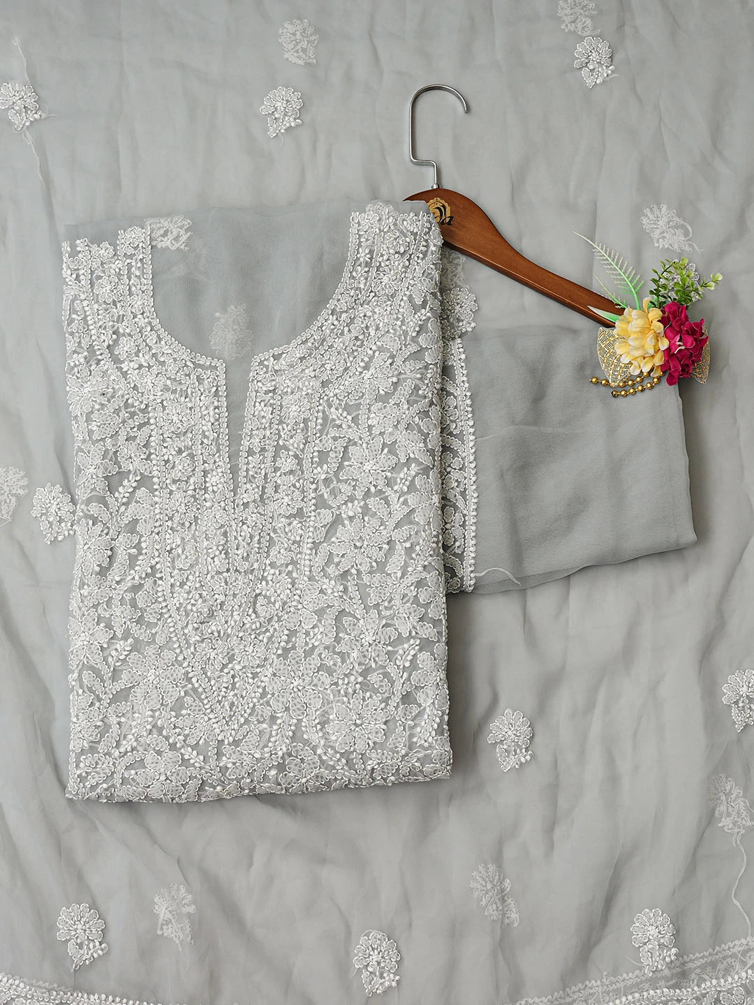 Ada Hand Embroidered Grey Georgette Lucknowi Chikankari Unstitched Suit Piece 01A859814