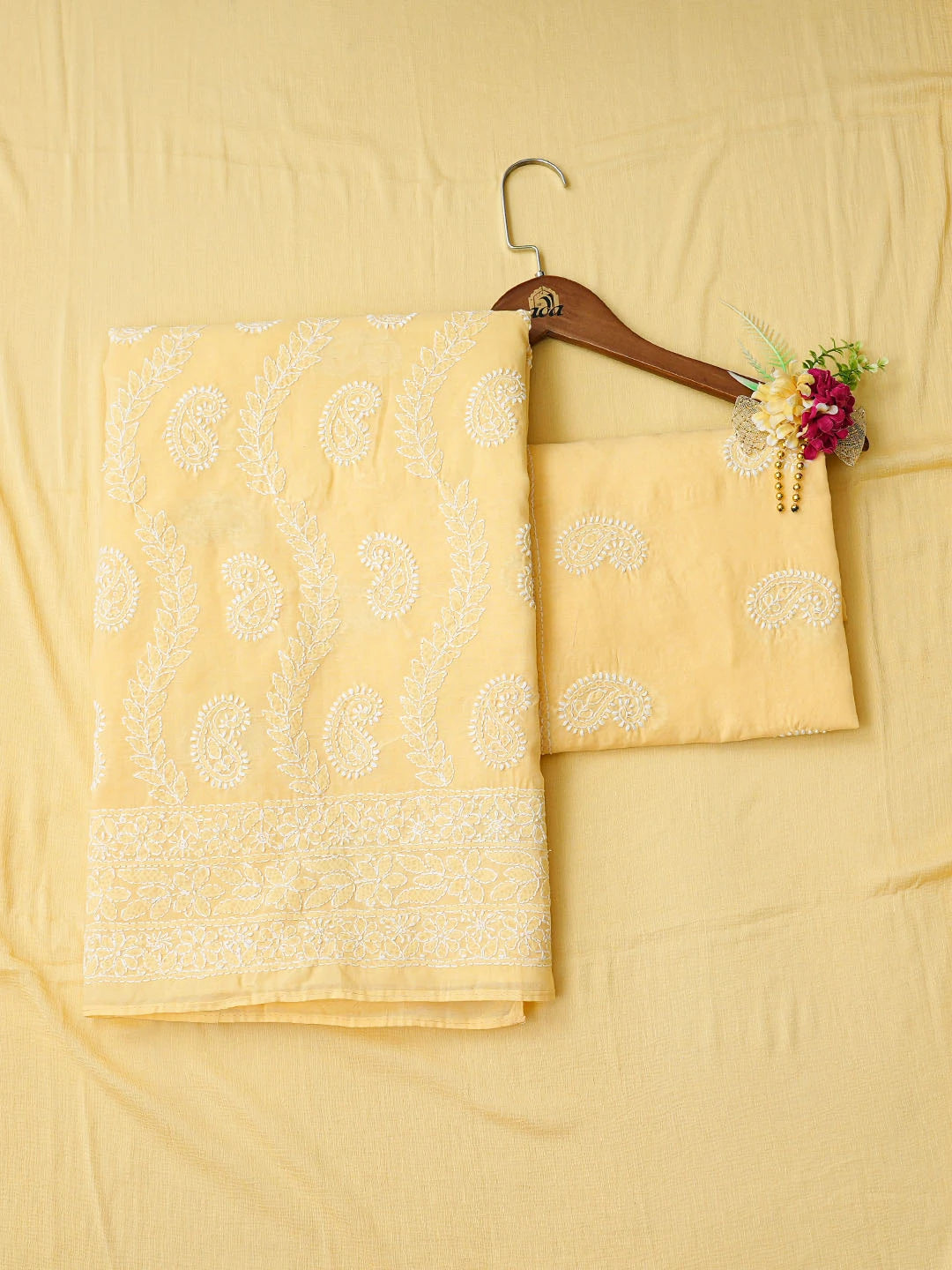 Ada Hand Embroidered Yellow Cotton Lucknowi Chikankari Unstitched Suit Piece 01A861454