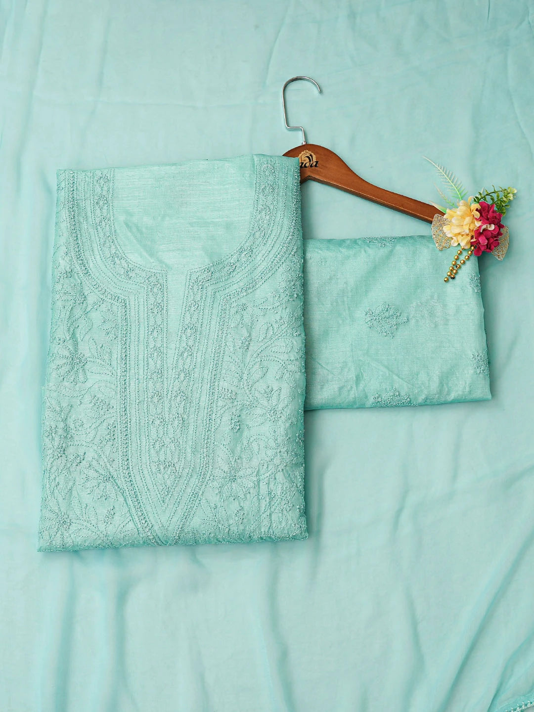 Ada Hand Embroidered Sea Green Silk Lucknowi Chikankari Unstitched Suit Piece 01A815875