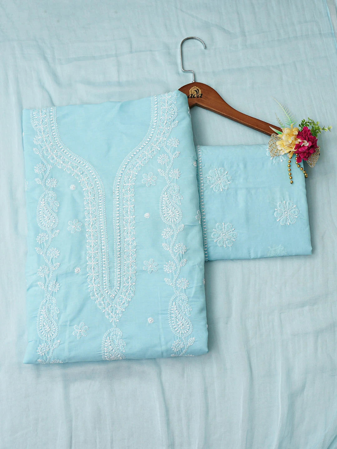 Ada Hand Embroidered Blue Cotton Lucknowi Chikankari Unstitched Suit Piece 01A861483