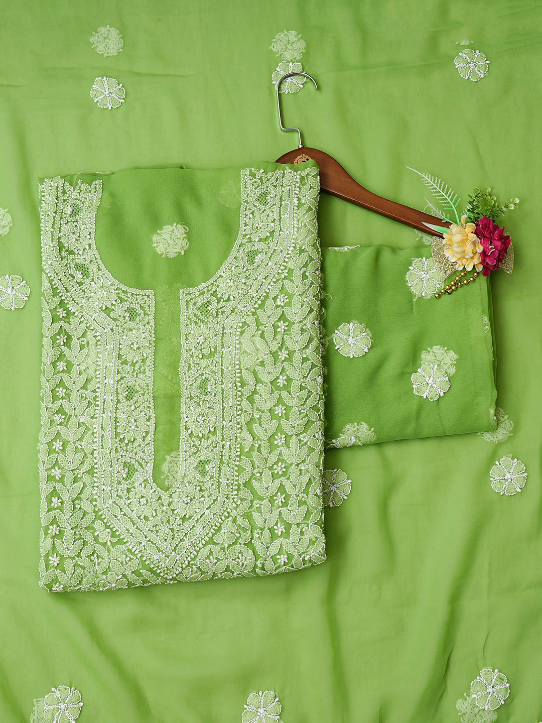 Ada Hand Embroidered Green Georgette Lucknowi Chikankari Unstitched Suit Piece 01A696691