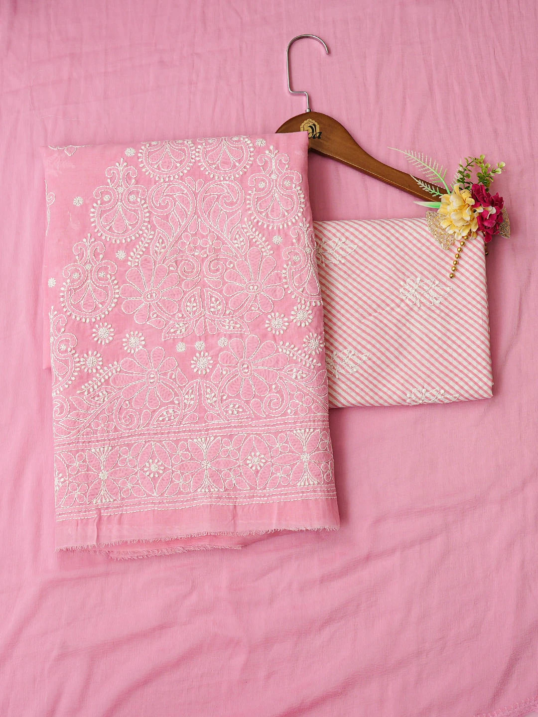 Ada Hand Embroidered Pink Cotton Lucknowi Chikankari Unstitched Suit Piece 01A753926