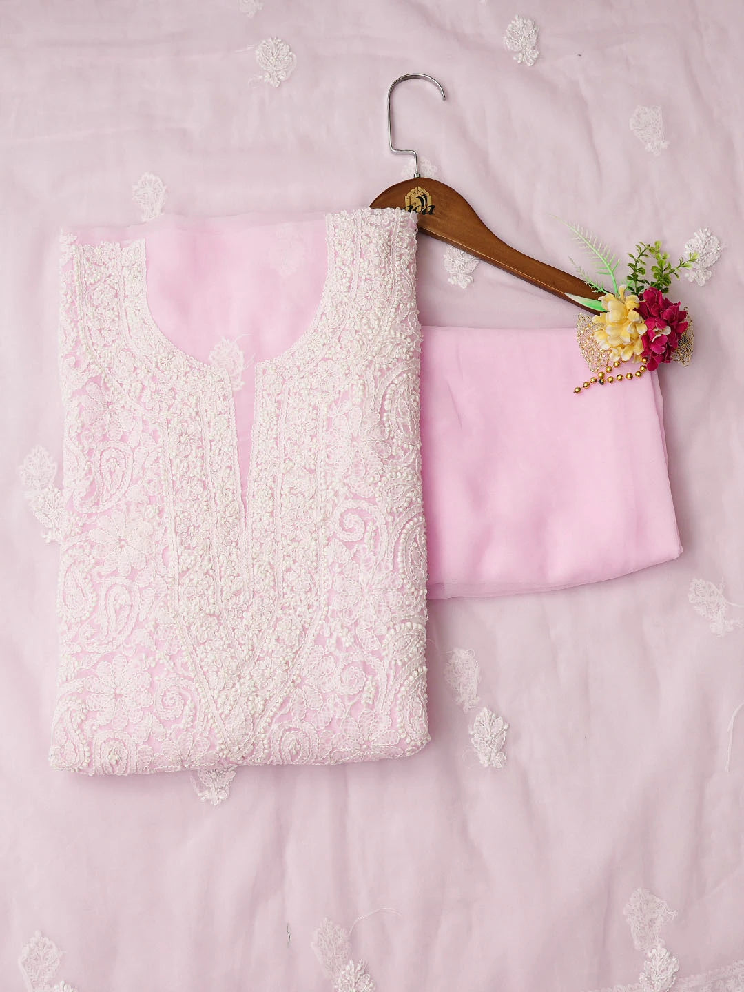 Ada Hand Embroidered Pink Georgette Lucknowi Chikankari Unstitched Suit Piece 01A859793