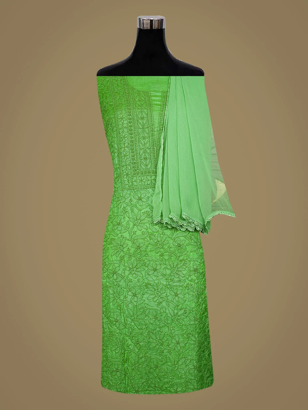 Ada Hand Embroidered Green Tussar Silk Lucknowi Chikankari Unstitched Suit Piece 01A763491