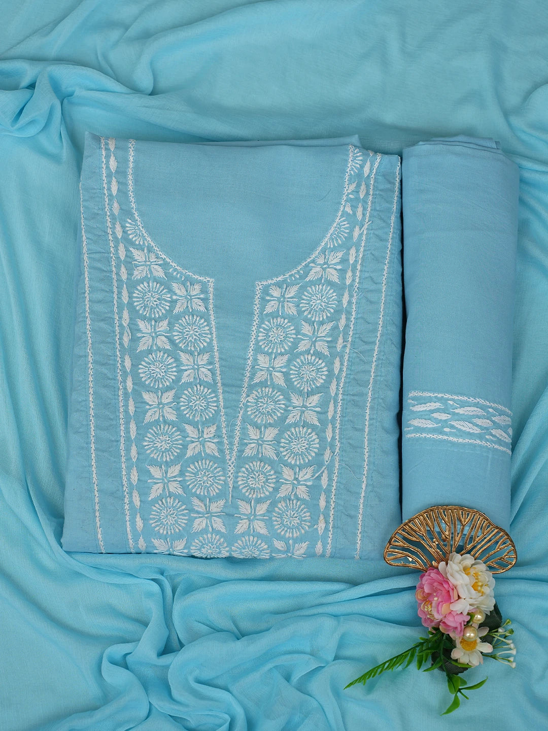 Ada Hand Embroidered Blue Cotton Lucknowi Chikankari Unstitched Suit Piece 01A488936
