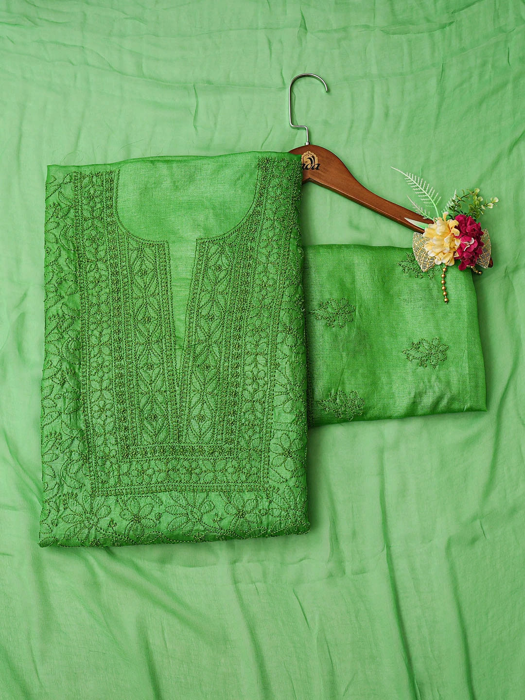 Ada Hand Embroidered Green Tussar Silk Lucknowi Chikankari Unstitched Suit Piece 01A763491