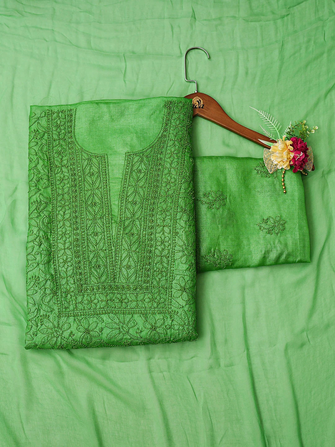 Ada Hand Embroidered Green Tussar Silk Lucknowi Chikankari Unstitched Suit Piece 01A763491