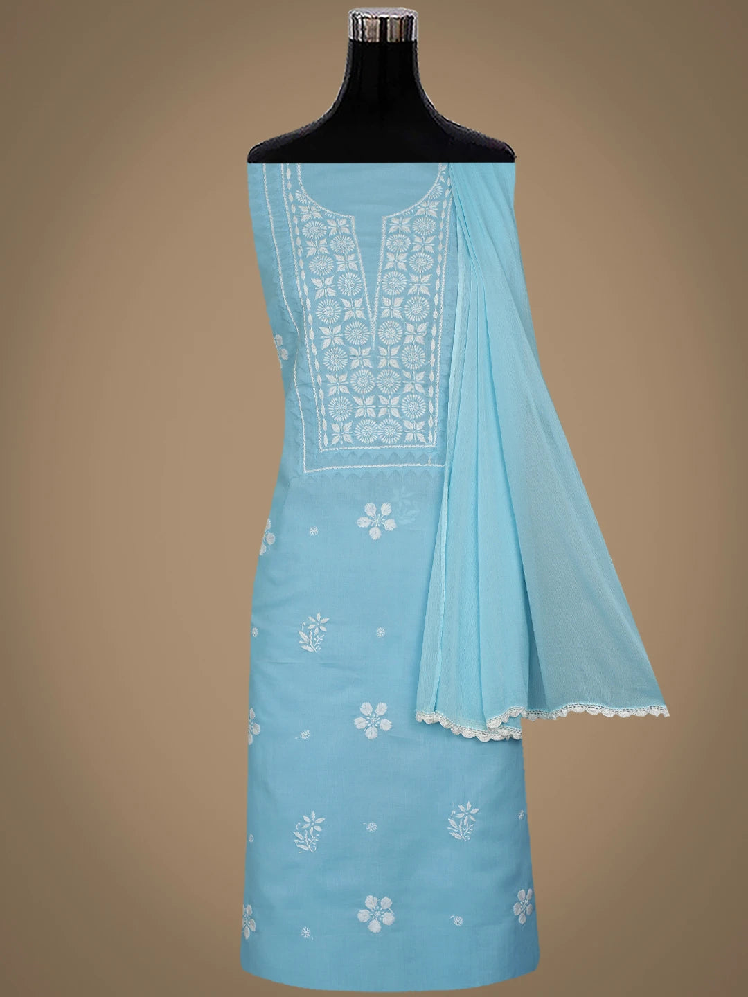 Ada Hand Embroidered Blue Cotton Lucknowi Chikankari Unstitched Suit Piece 01A488936