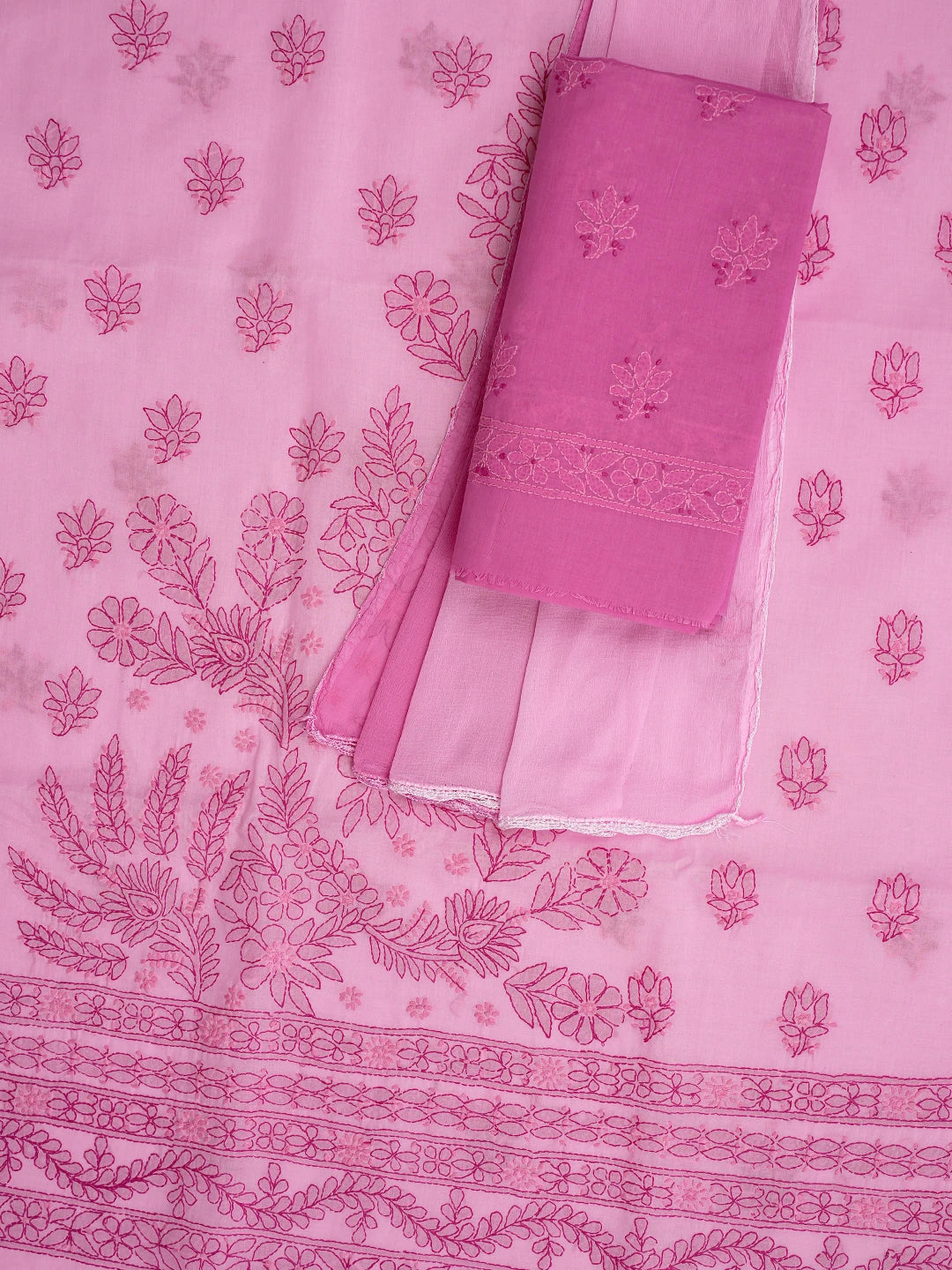 Ada Hand Embroidered Pink Cotton Lucknowi Chikankari Unstitched Suit Piece 01A862923