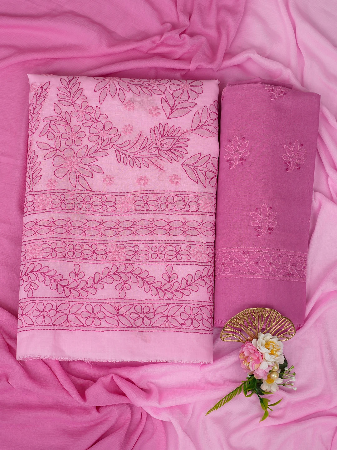 Ada Hand Embroidered Pink Cotton Lucknowi Chikankari Unstitched Suit Piece 01A862923
