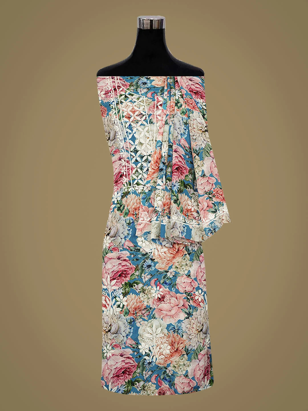 Ada Hand Embroidered Floral Printed Multicolor Crepe Lucknowi Chikankari Unstitched Kurta Dupatta Set 01A722948
