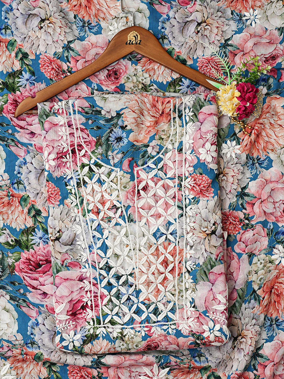 Ada Hand Embroidered Floral Printed Multicolor Crepe Lucknowi Chikankari Unstitched Kurta Dupatta Set 01A722948