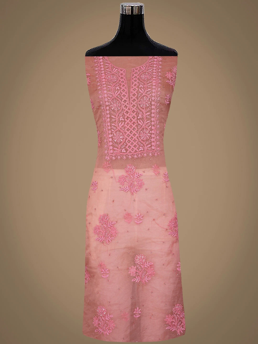 Ada Hand Embroidered Carrot Pink Organza Lucknowi Chikankari Unstitched Kurta Dupatta Set With Cutdana Work 01A720587