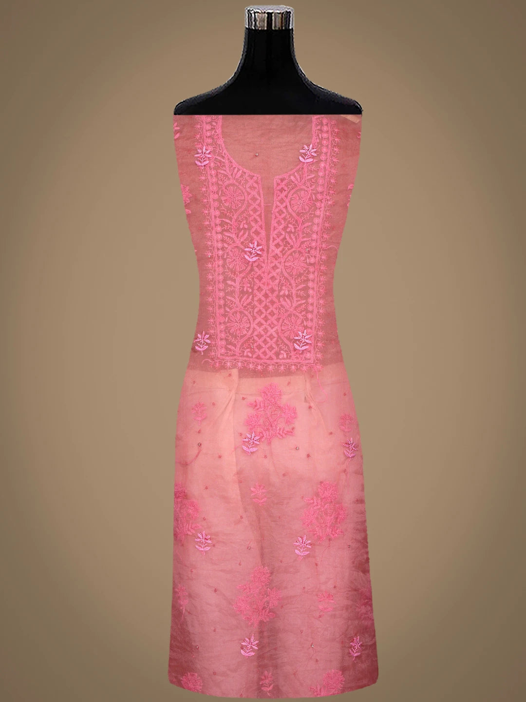Ada Hand Embroidered Carrot Pink Organza Lucknowi Chikankari Unstitched Kurta Dupatta Set With Cutdana Work 01A720587