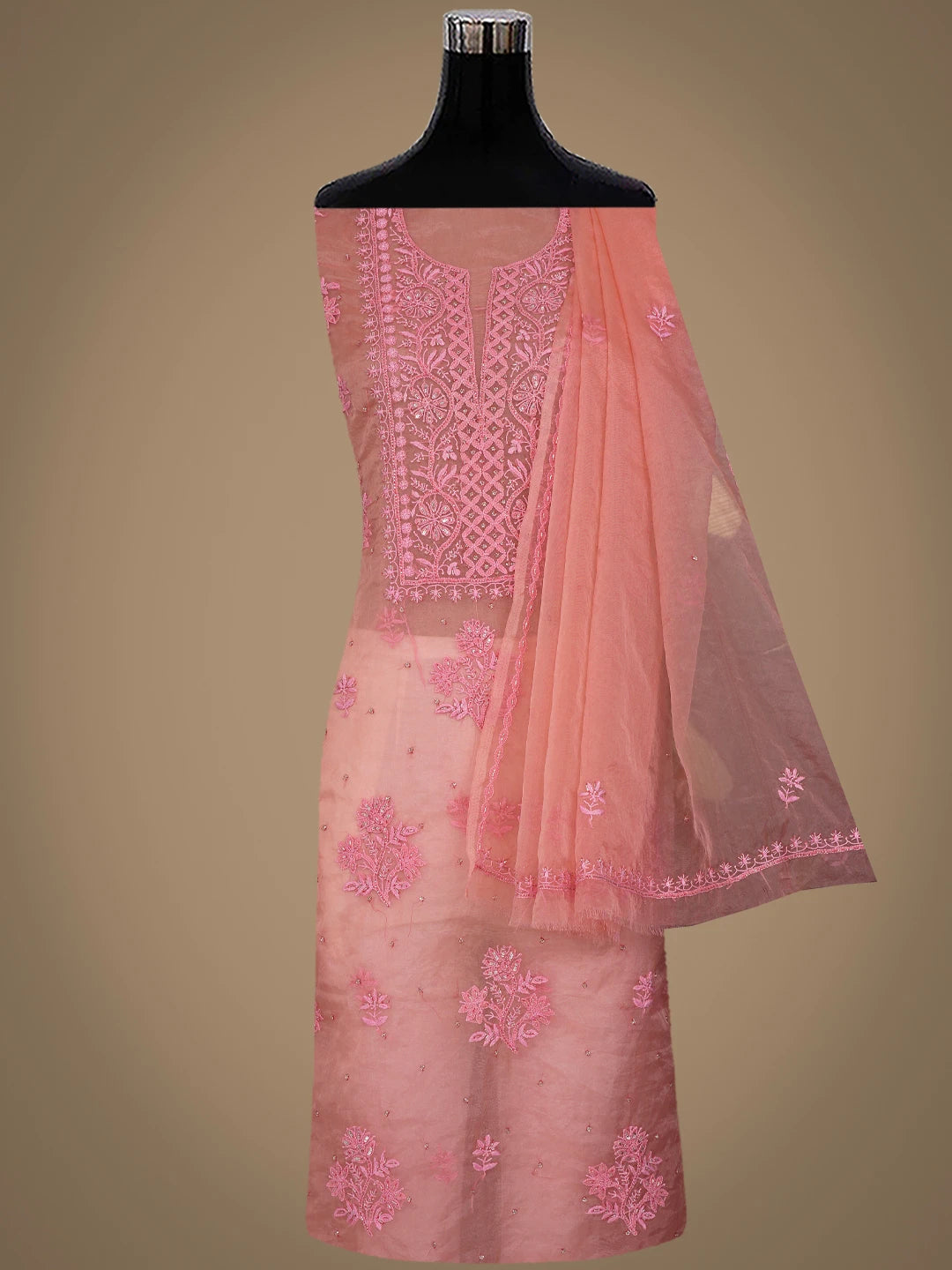 Ada Hand Embroidered Carrot Pink Organza Lucknowi Chikankari Unstitched Kurta Dupatta Set With Cutdana Work 01A720587