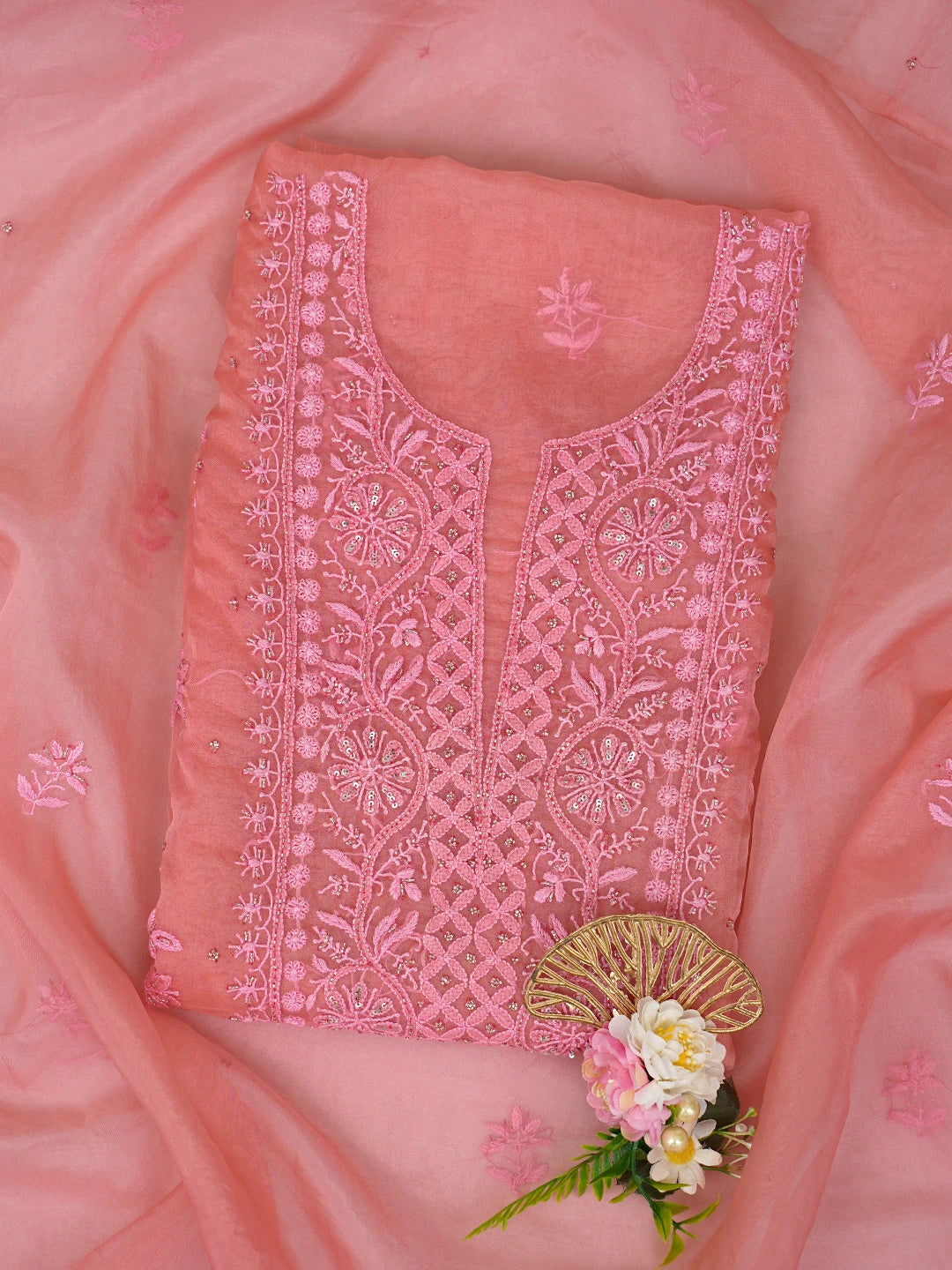 Ada Hand Embroidered Carrot Pink Organza Lucknowi Chikankari Unstitched Kurta Dupatta Set With Cutdana Work 01A720587
