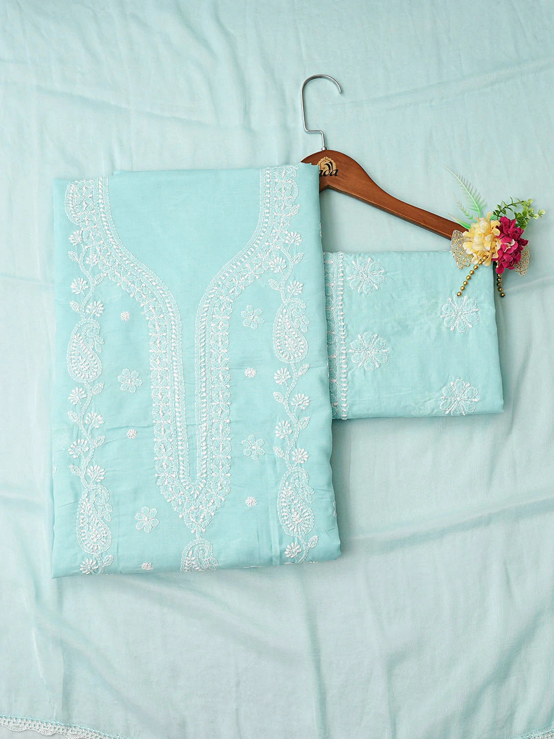 Ada Hand Embroidered Sky Blue Cotton Lucknowi Chikankari Unstitched Suit Piece 01A861485