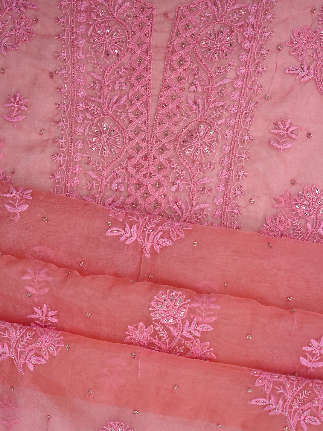 Ada Hand Embroidered Carrot Pink Organza Lucknowi Chikankari Unstitched Kurta Dupatta Set With Cutdana Work 01A720587