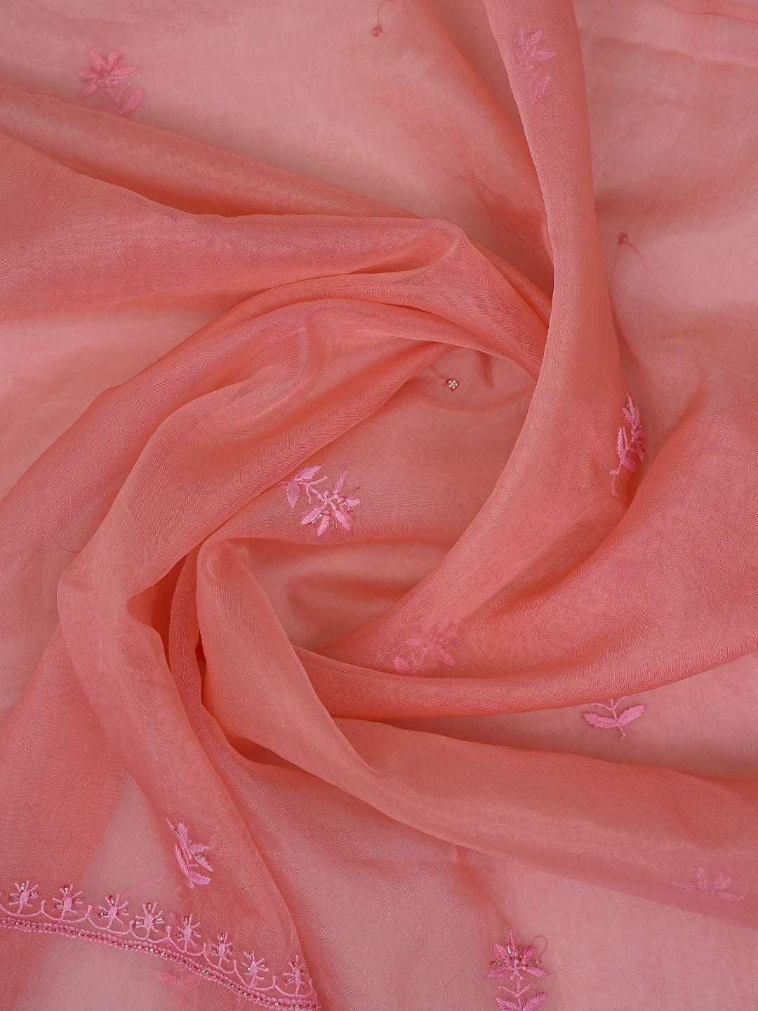 Ada Hand Embroidered Carrot Pink Organza Lucknowi Chikankari Unstitched Kurta Dupatta Set With Cutdana Work 01A720587