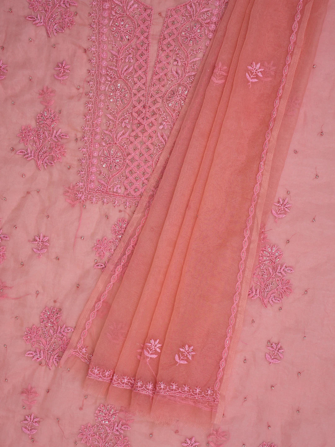 Ada Hand Embroidered Carrot Pink Organza Lucknowi Chikankari Unstitched Kurta Dupatta Set With Cutdana Work 01A720587