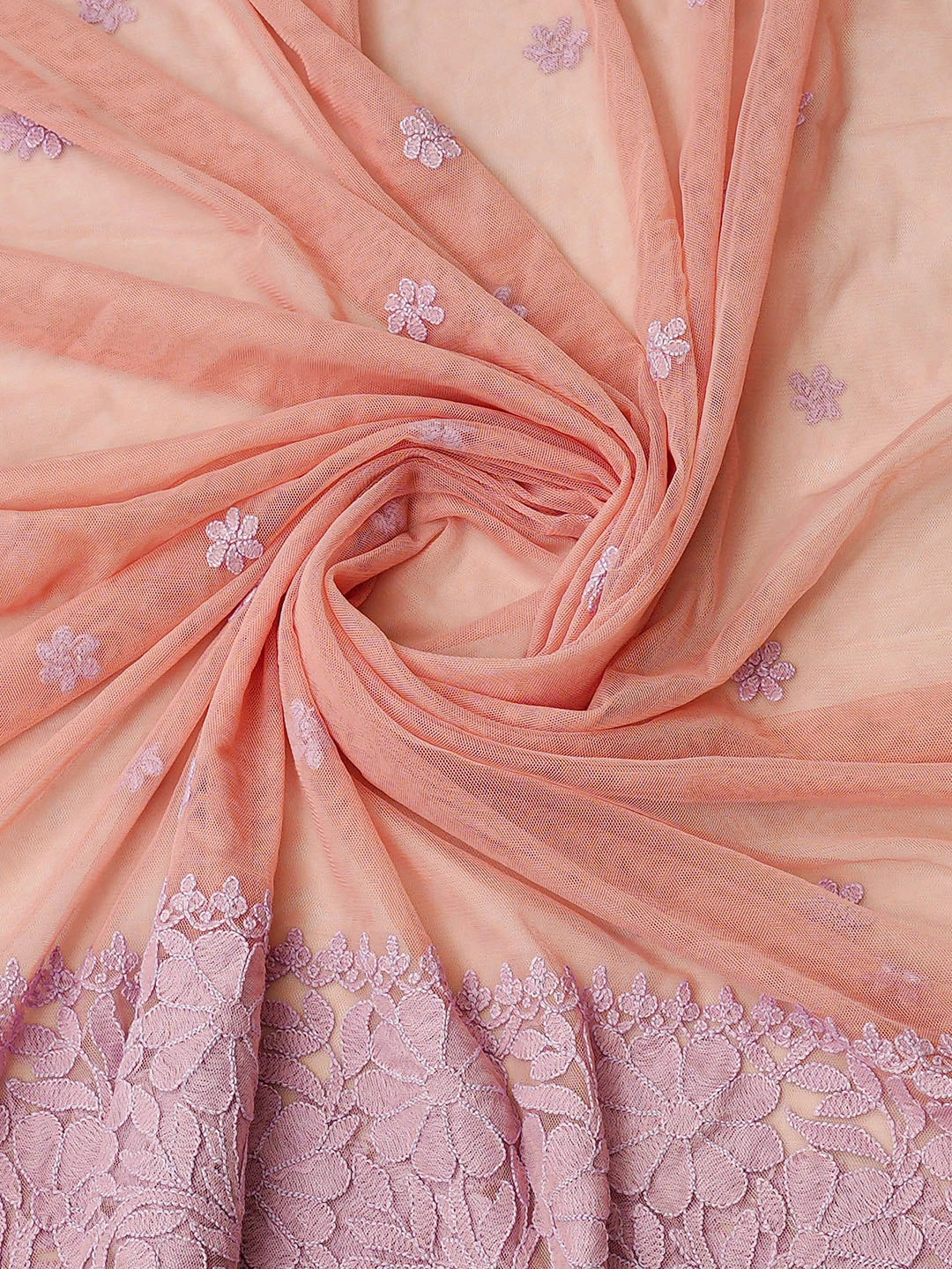 Ada Hand Embroidered Peach Net Lucknowi Chikankari Unstitched Kurta Dupatta Set A166903