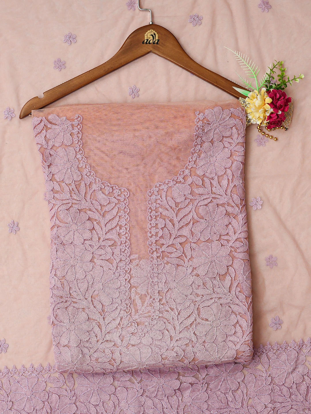 Ada Hand Embroidered Peach Net Lucknowi Chikankari Unstitched Kurta Dupatta Set A166903