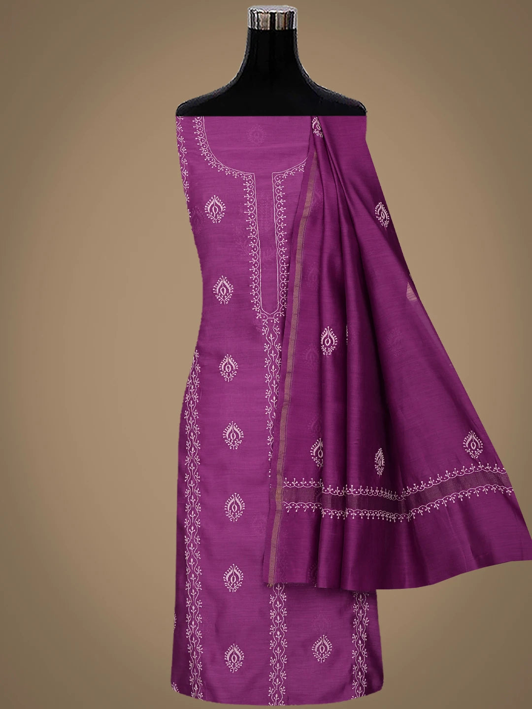 Ada Hand Embroidered Magenta Pure Chanderi Lucknowi Chikankari Unstitched Kurta Dupatta Set 01A858207