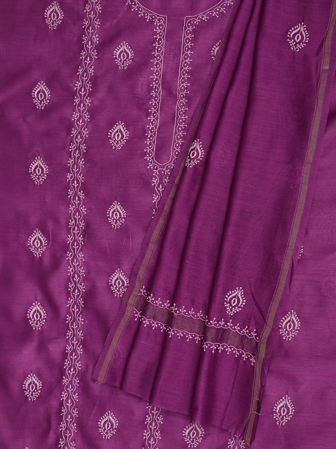Ada Hand Embroidered Magenta Pure Chanderi Lucknowi Chikankari Unstitched Kurta Dupatta Set 01A858207