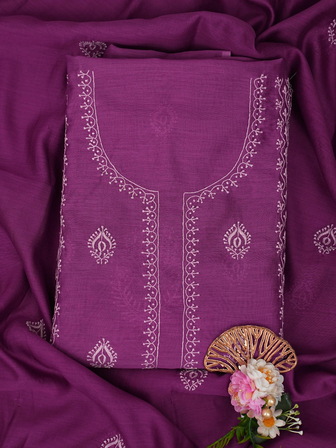 Ada Hand Embroidered Magenta Pure Chanderi Lucknowi Chikankari Unstitched Kurta Dupatta Set 01A858207