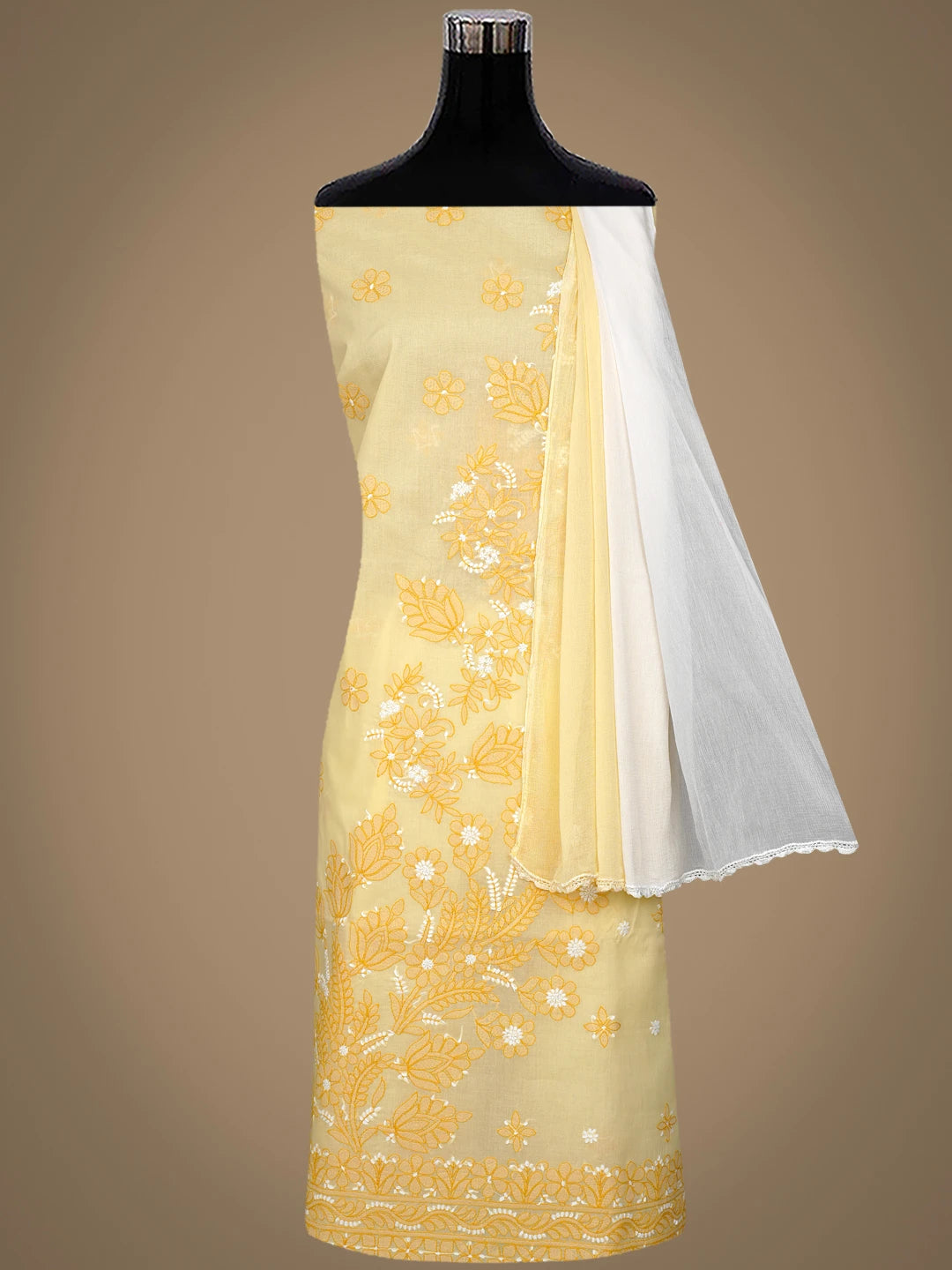 Ada Hand Embroidered Butter Yellow Cotton Lucknowi Chikankari Unstitched Suit Piece 01A863088