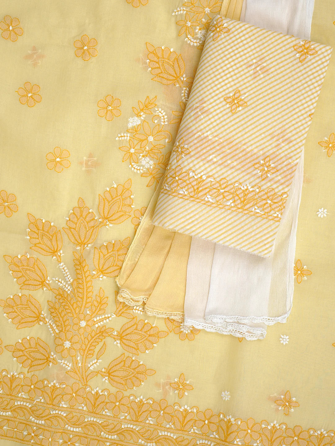 Ada Hand Embroidered Butter Yellow Cotton Lucknowi Chikankari Unstitched Suit Piece 01A863088