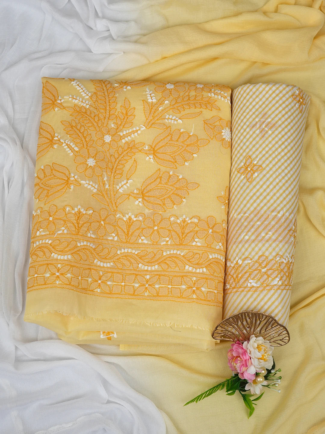 Ada Hand Embroidered Butter Yellow Cotton Lucknowi Chikankari Unstitched Suit Piece 01A863088