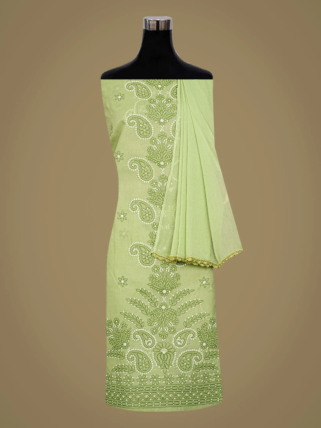 Ada Hand Embroidered Green Cotton Lucknowi Chikankari Unstitched Suit Piece 01A862925
