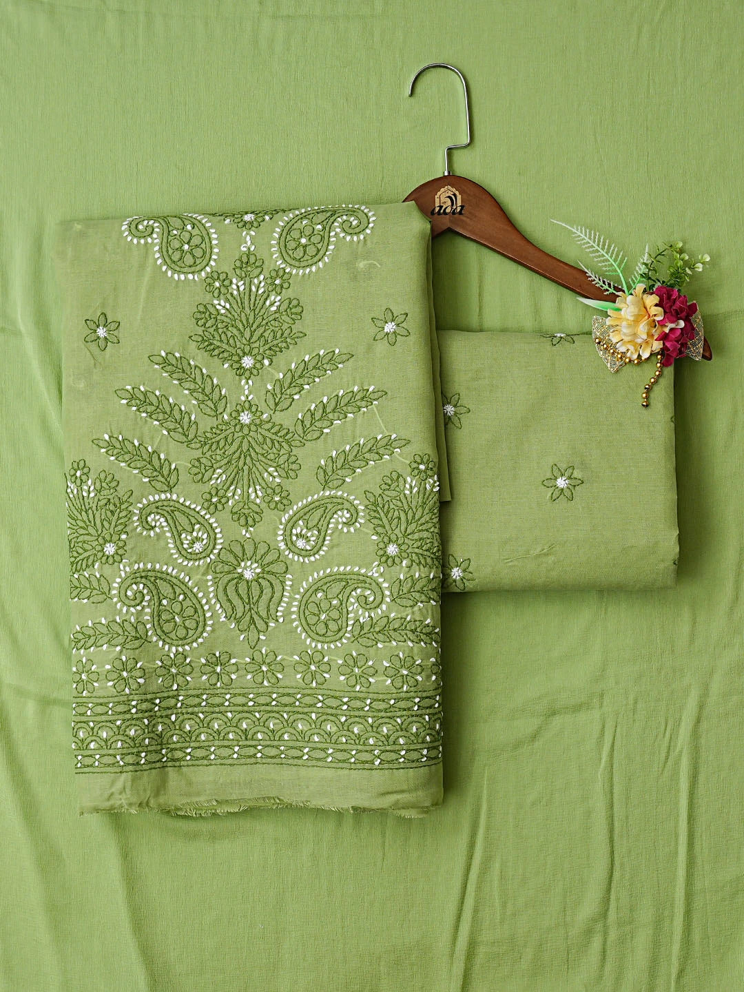 Ada Hand Embroidered Green Cotton Lucknowi Chikankari Unstitched Suit Piece 01A862925