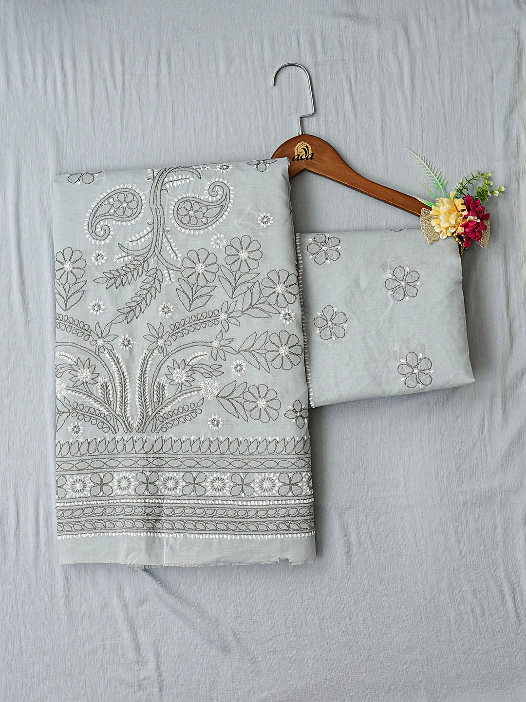 Ada Hand Embroidered Grey Cotton Lucknowi Chikankari Unstitched Suit Piece 01A862930