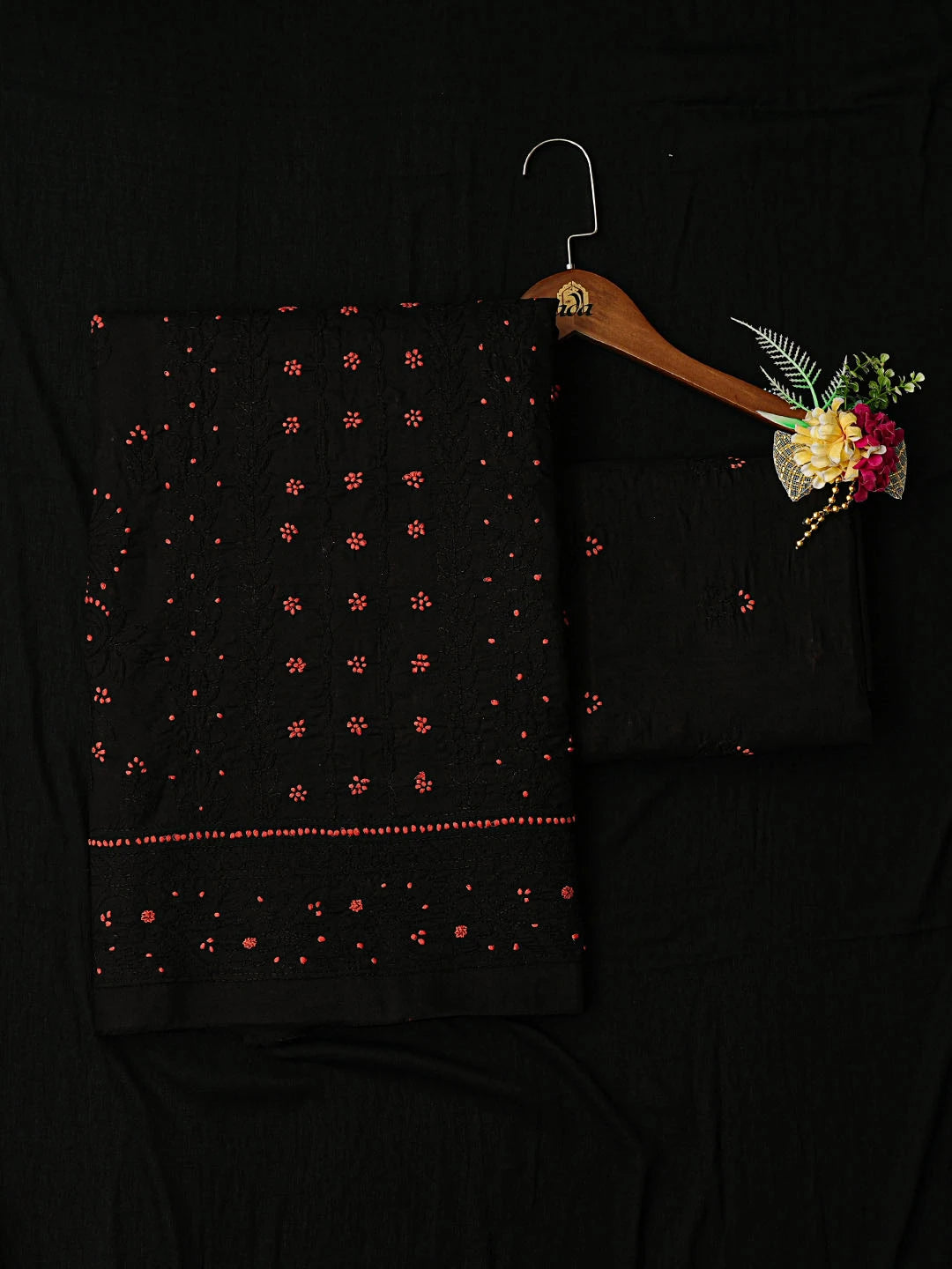 Ada Hand Embroidered Black Cotton Lucknowi Chikankari Unstitched Suit Piece 01A863046