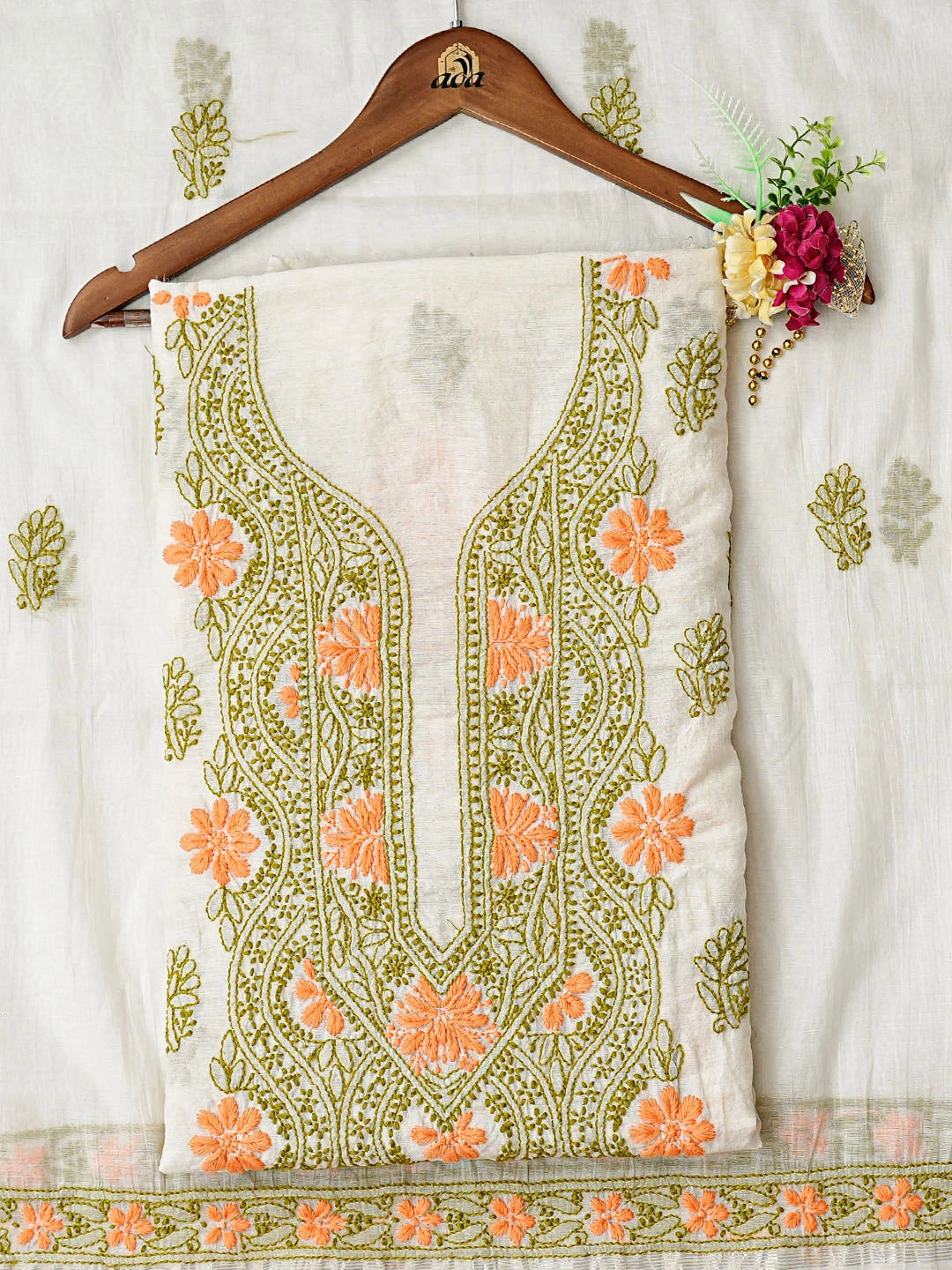 Ada Hand Embroidered White Chanderi Lucknowi Chikankari Unstitched Kurta Dupatta Set 01A862906