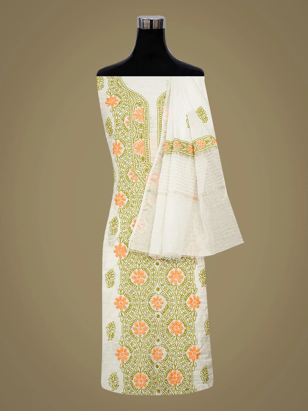 Ada Hand Embroidered White Chanderi Lucknowi Chikankari Unstitched Kurta Dupatta Set 01A862906