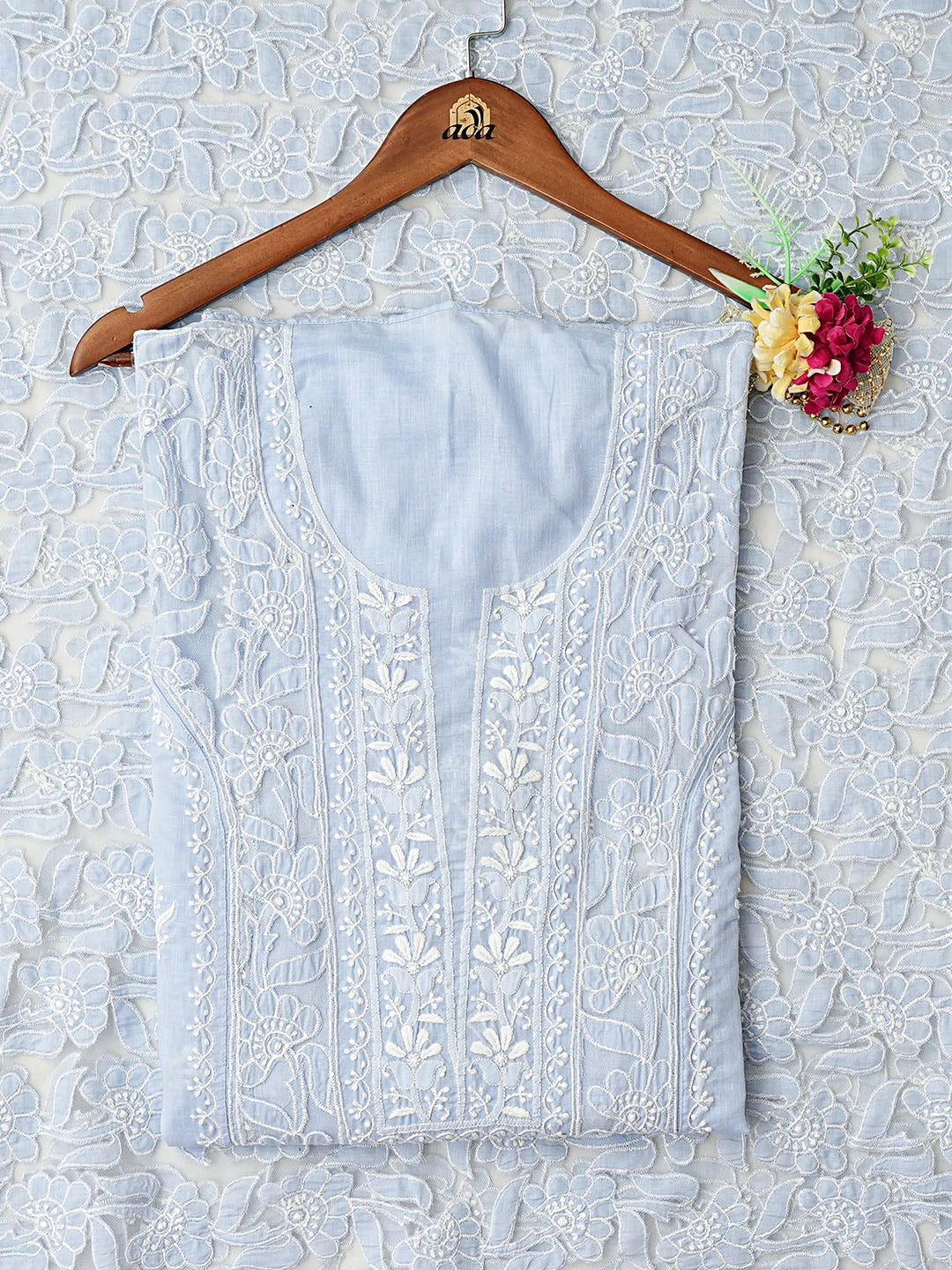 Ada Hand Embroidered Sky Blue Cotton Lucknowi Chikankari Semi-Stitched Kurta Dupatta Set 01A862897