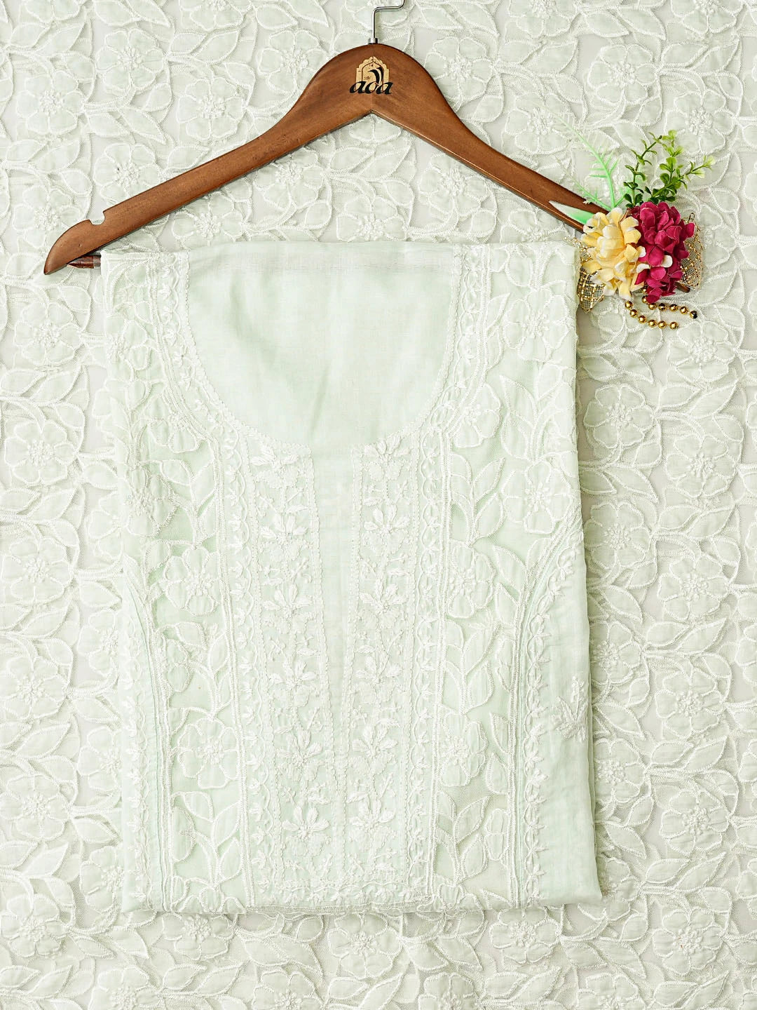 Ada Hand Embroidered Sea Green Cotton Lucknowi Chikankari Semi-Stitched Kurta Dupatta Set 01A862890