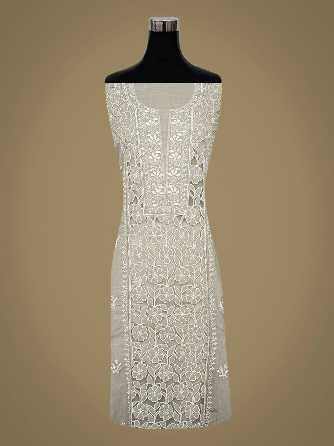 Ada Hand Embroidered Grey Cotton Lucknowi Chikankari Semi-Stitched Kurta Dupatta Set 01A862895