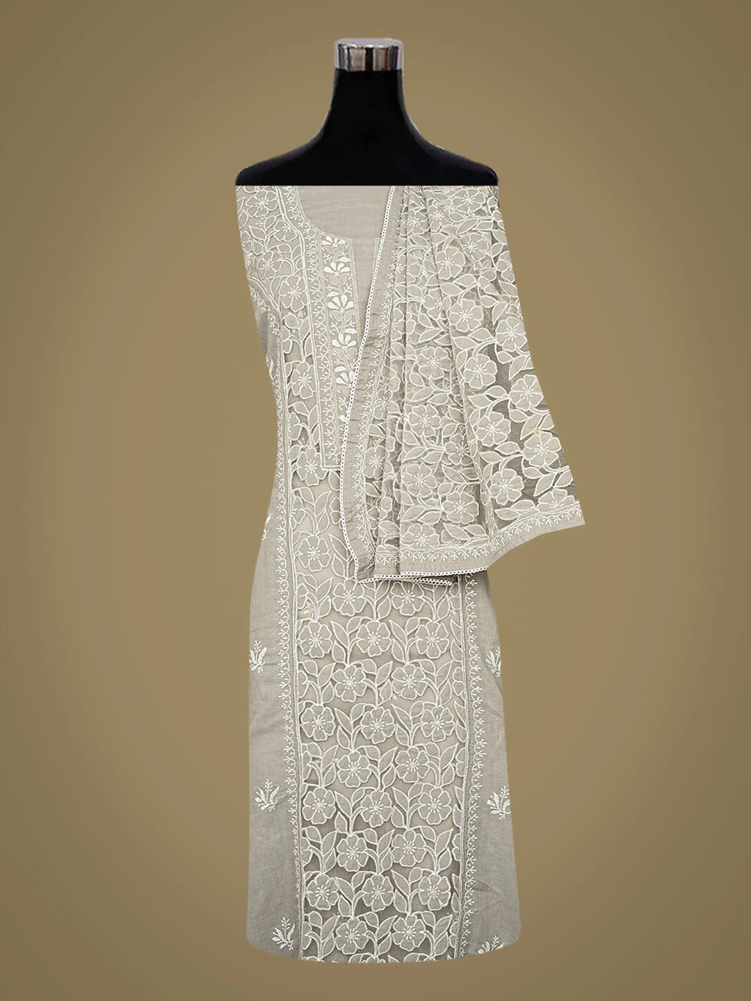 Ada Hand Embroidered Grey Cotton Lucknowi Chikankari Semi-Stitched Kurta Dupatta Set 01A862895