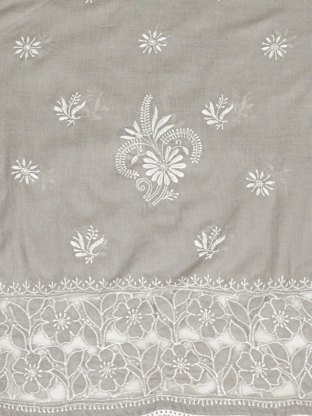 Ada Hand Embroidered Grey Cotton Lucknowi Chikankari Semi-Stitched Kurta Dupatta Set 01A862895