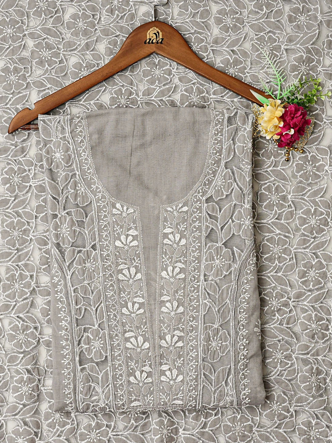 Ada Hand Embroidered Grey Cotton Lucknowi Chikankari Semi-Stitched Kurta Dupatta Set 01A862895