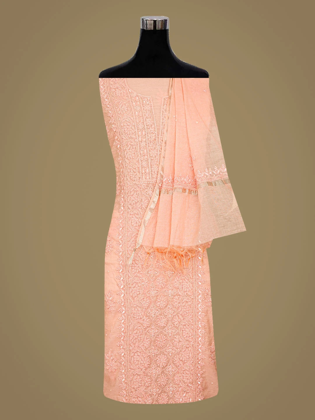 Ada Hand Embroidered Peach Chanderi Lucknowi Chikankari Unstitched Kurta Dupatta Set With Cutdana Work 01A787498