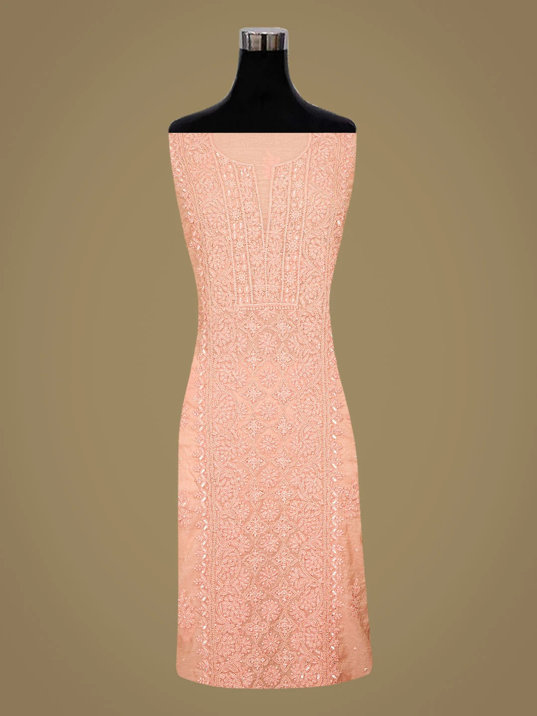 Ada Hand Embroidered Peach Chanderi Lucknowi Chikankari Unstitched Kurta Dupatta Set With Cutdana Work 01A787498