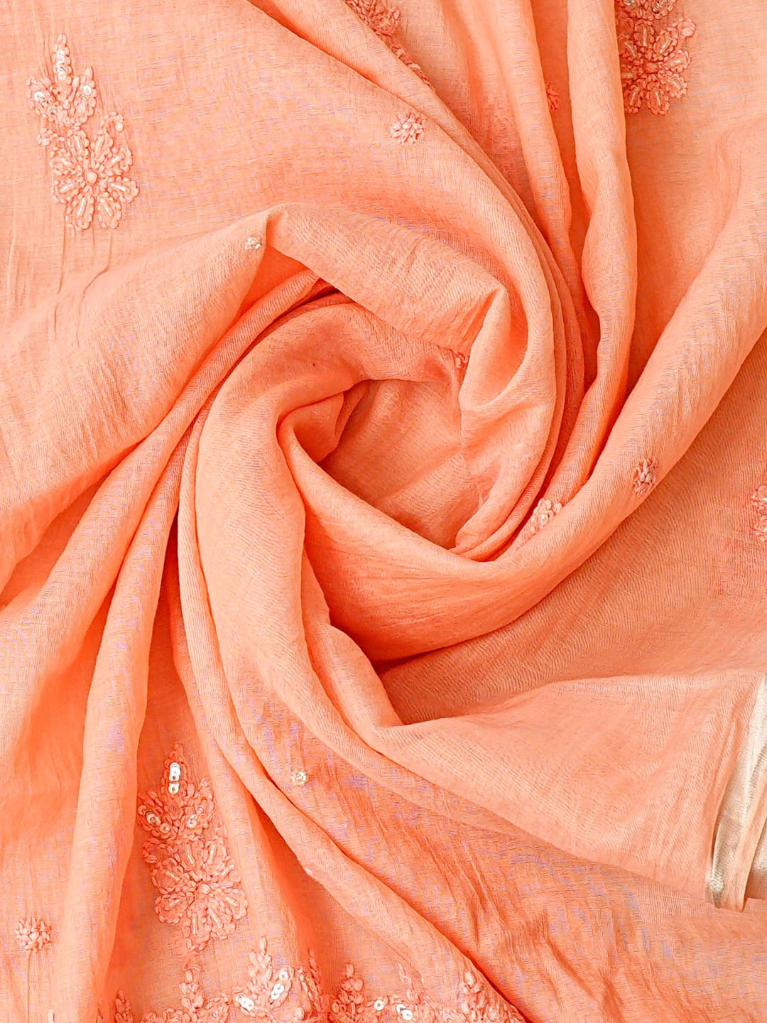 Ada Hand Embroidered Peach Chanderi Lucknowi Chikankari Unstitched Kurta Dupatta Set With Cutdana Work 01A787498