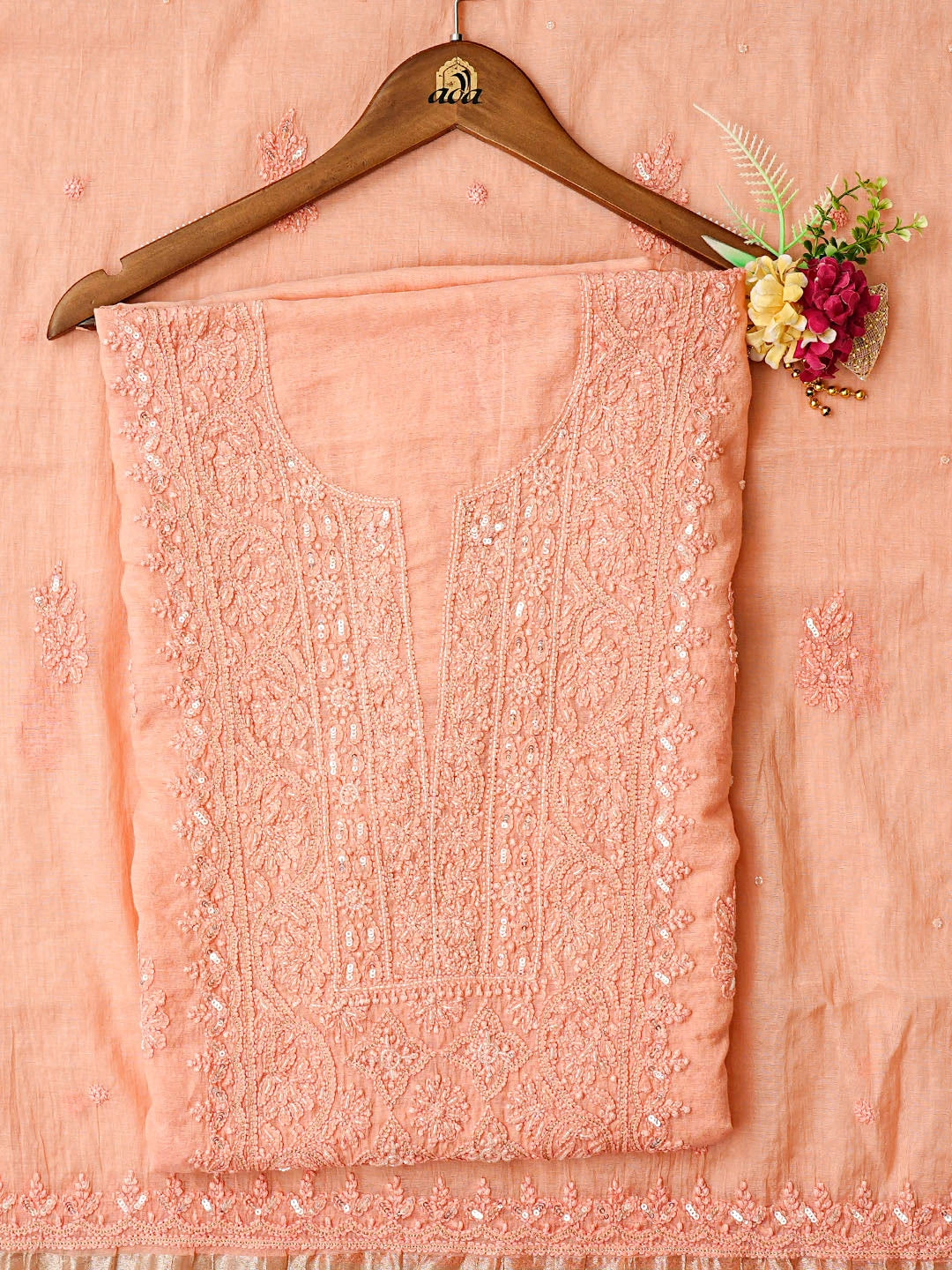 Ada Hand Embroidered Peach Chanderi Lucknowi Chikankari Unstitched Kurta Dupatta Set With Cutdana Work 01A787498