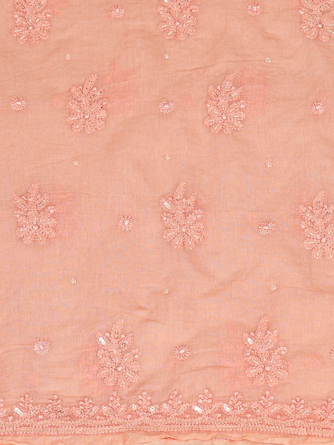 Ada Hand Embroidered Peach Chanderi Lucknowi Chikankari Unstitched Kurta Dupatta Set With Cutdana Work 01A787498